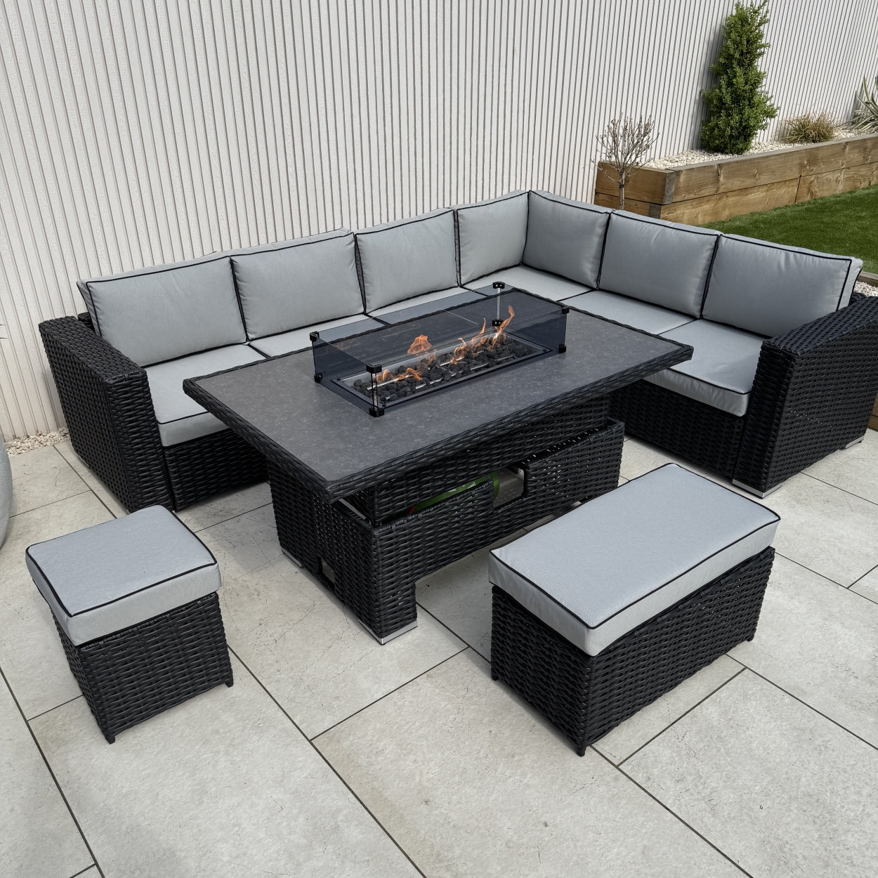 Chakra Rattan Corner Dining Set with Fire Pit – Black