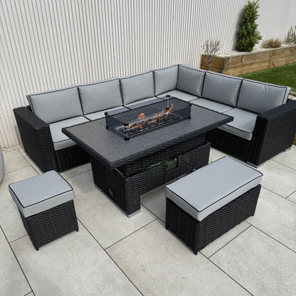 Chakra Rattan Corner Dining Set with Fire Pit – Black