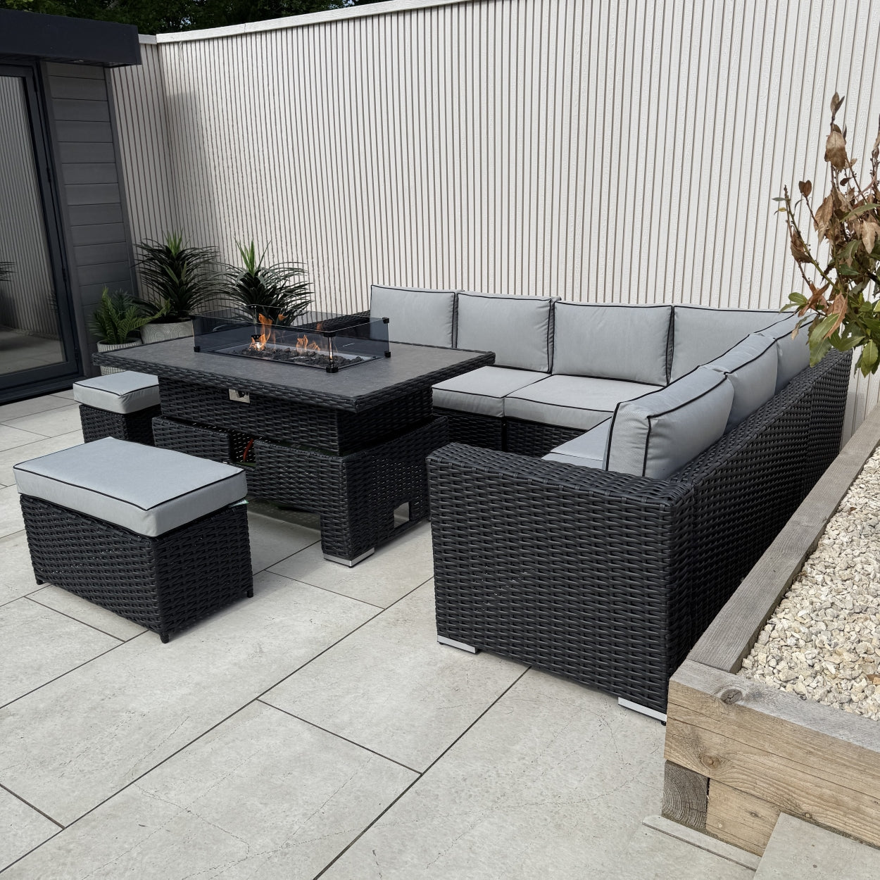 Chakra Rattan Corner Dining Set with Fire Pit – Black