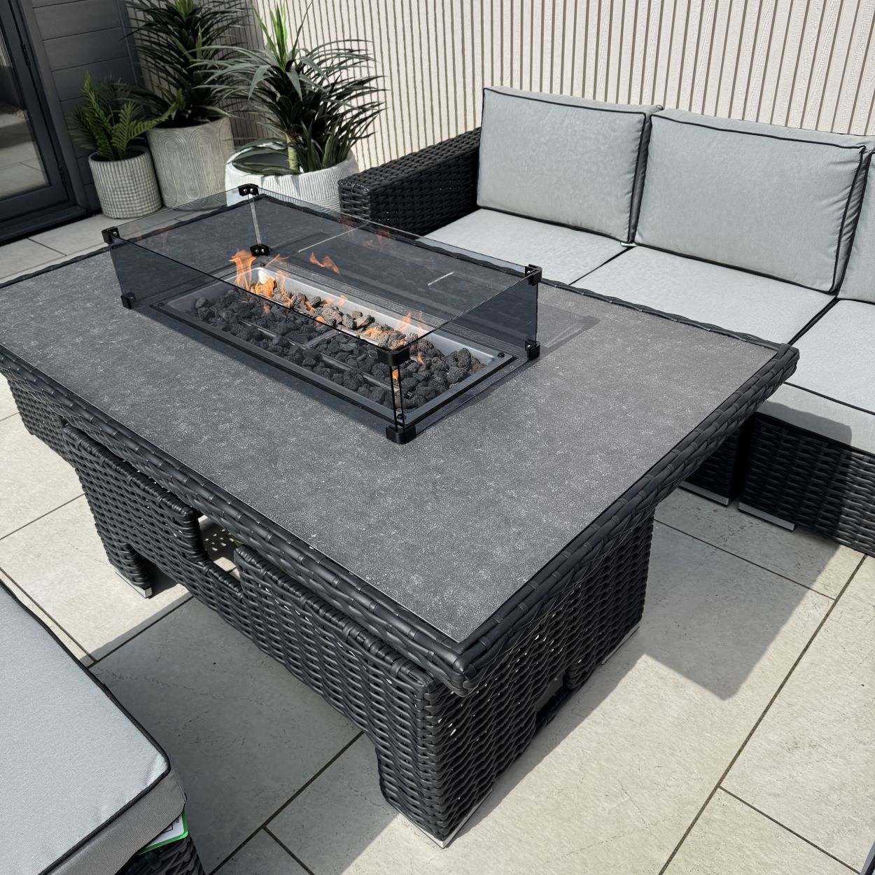Chakra Rattan Corner Dining Set with Fire Pit – Black