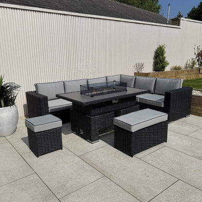 Chakra Rattan Corner Dining Set with Fire Pit – Black