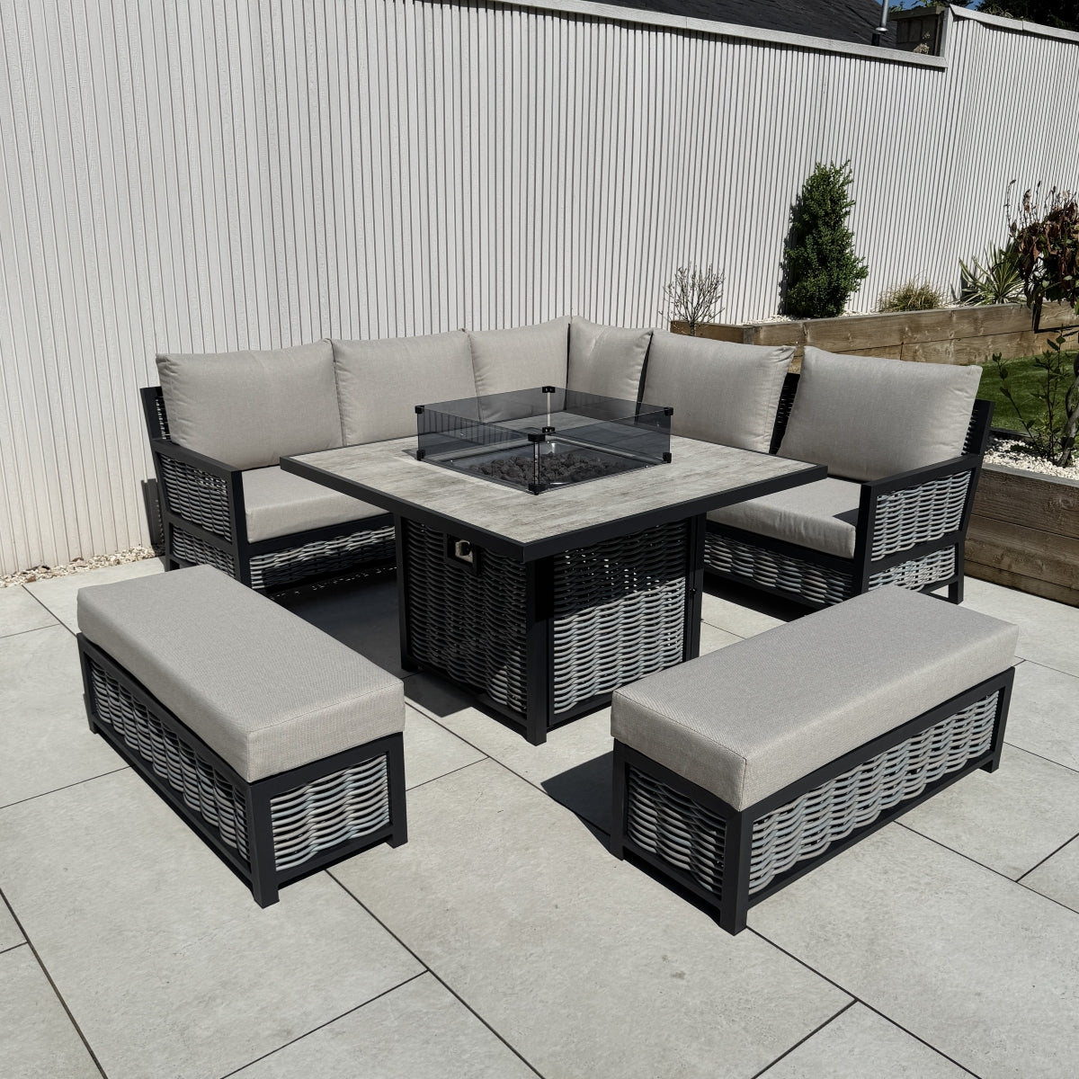 Ivy Aluminium & Rattan Corner Dining Set with Fire Pit