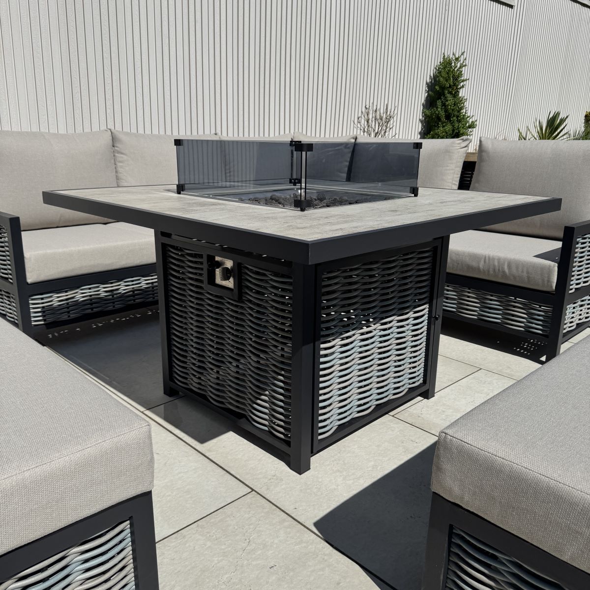 Ivy Aluminium & Rattan Corner Dining Set with Fire Pit