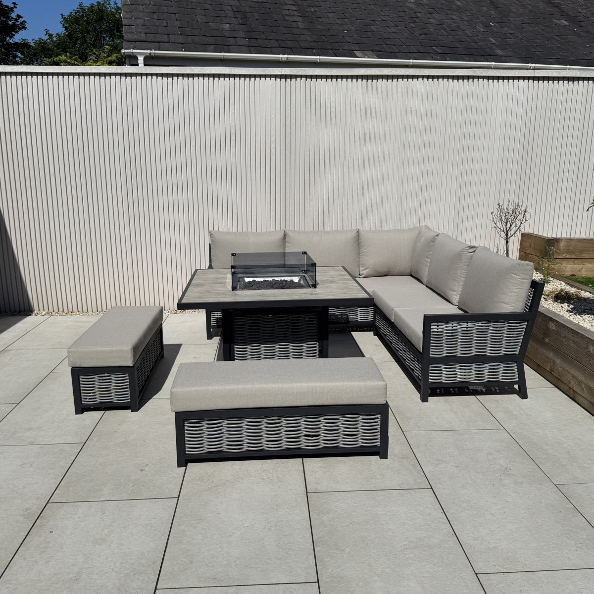 Ivy Aluminium & Rattan Corner Dining Set with Fire Pit