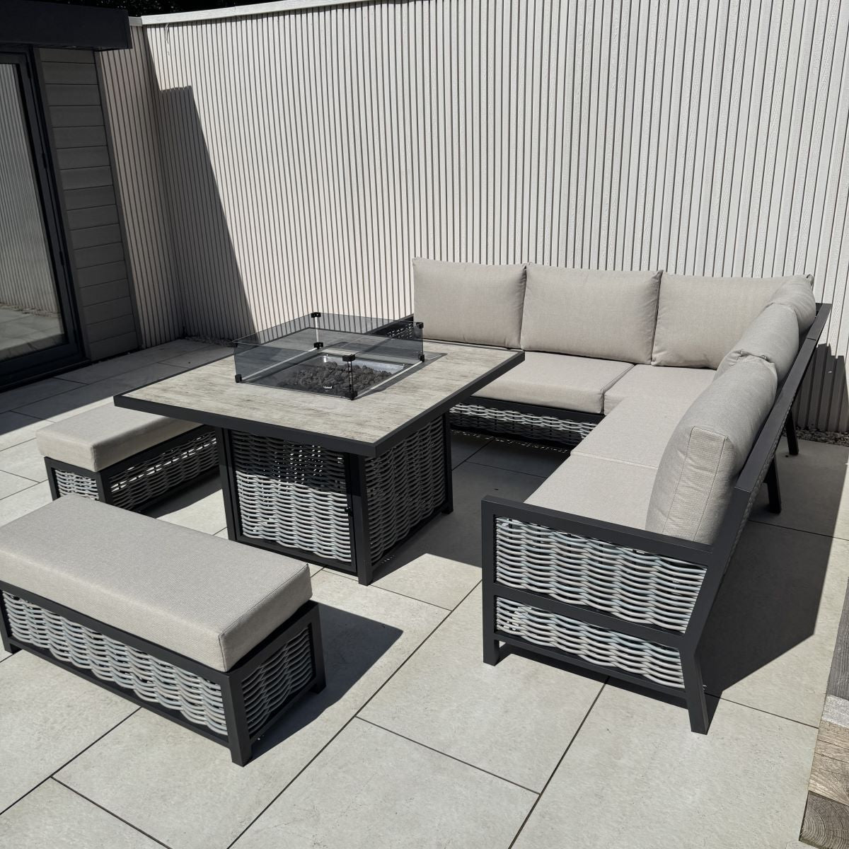 Ivy Aluminium & Rattan Corner Dining Set with Fire Pit
