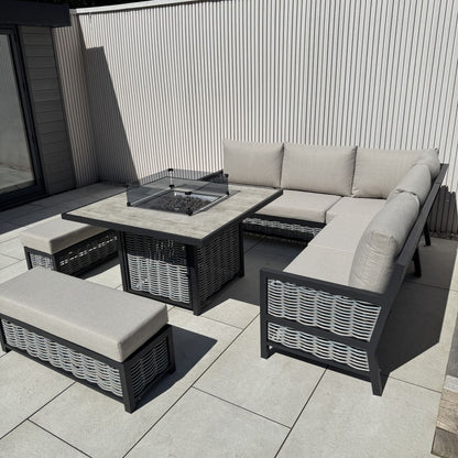 Ivy Aluminium & Rattan Corner Dining Set with Fire Pit