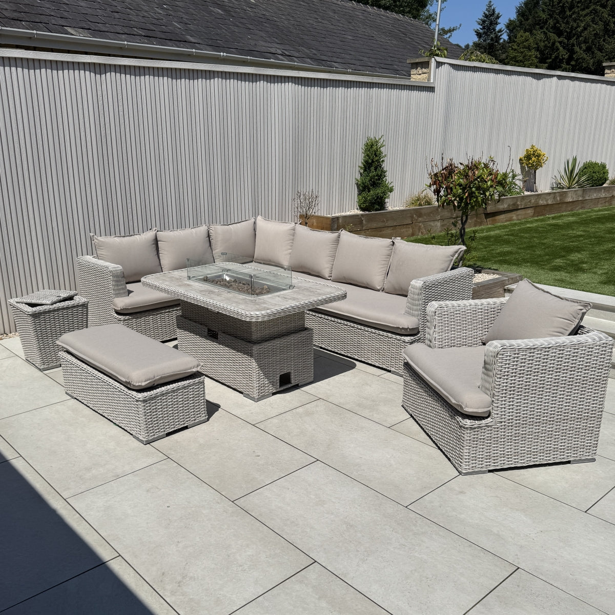 Asha Corner Rising Fire Pit Dining Set - Grey/Beige