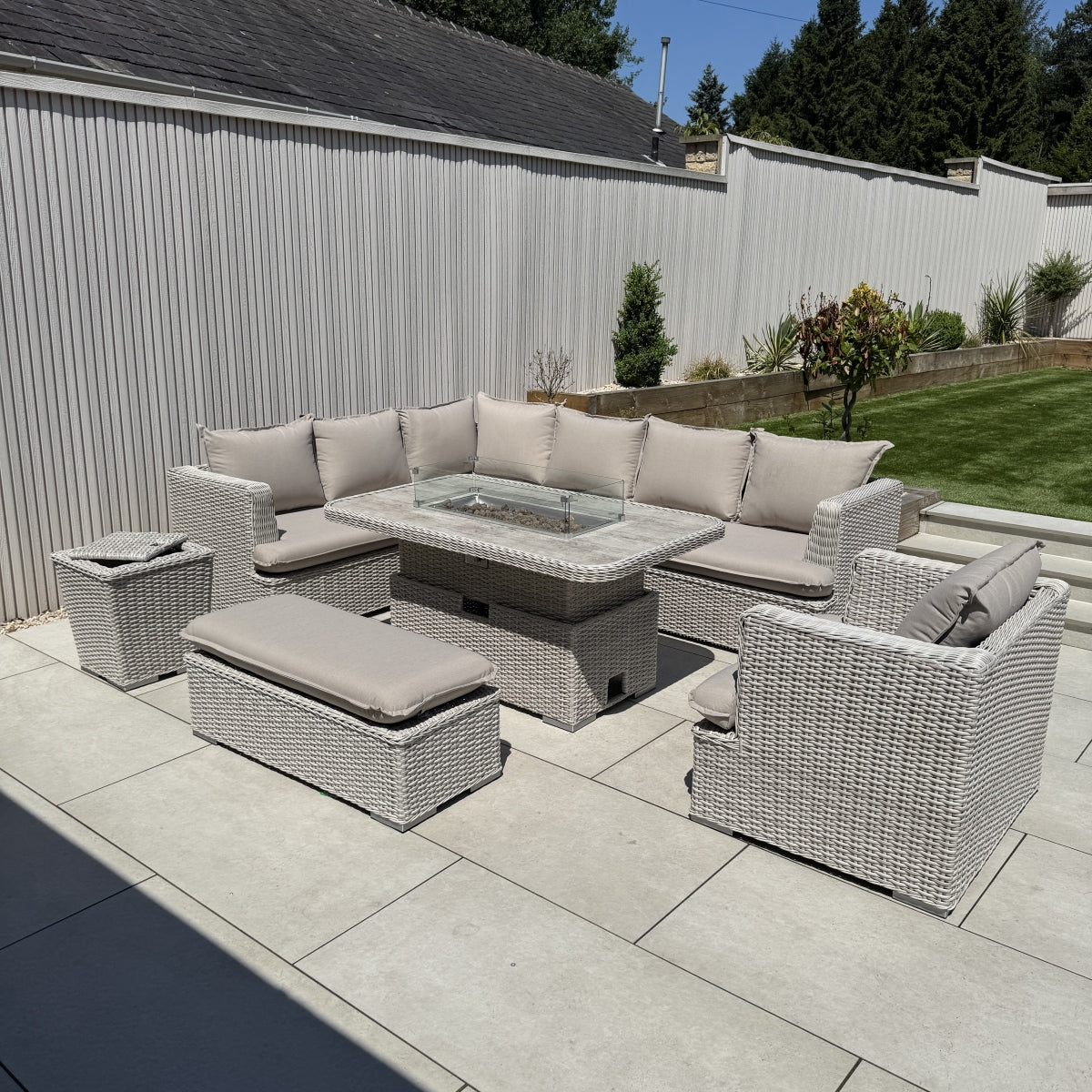 Asha Corner Rising Fire Pit Dining Set - Grey/Beige