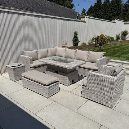 Asha Corner Rising Fire Pit Dining Set - Grey/Beige