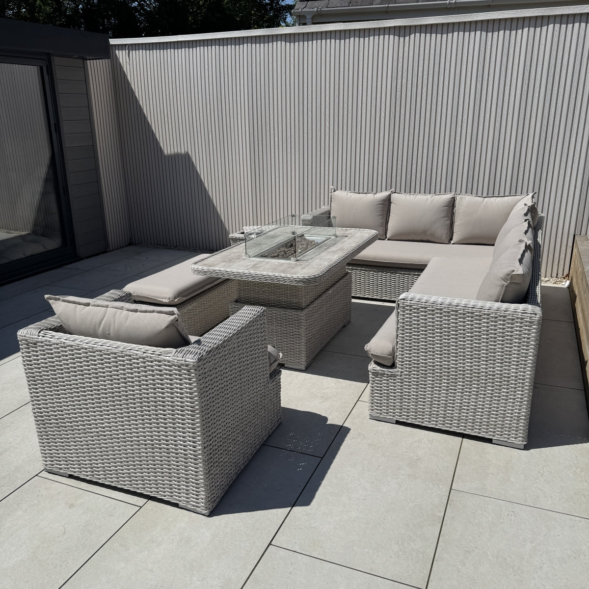 Asha Corner Rising Fire Pit Dining Set - Grey/Beige