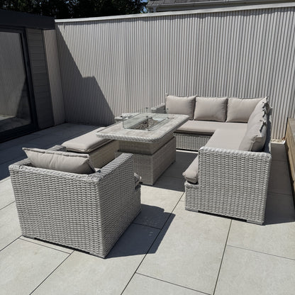 Asha Corner Rising Fire Pit Dining Set - Grey/Beige