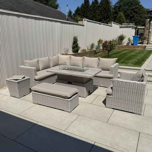 Asha Corner Rising Fire Pit Dining Set - Grey/Beige