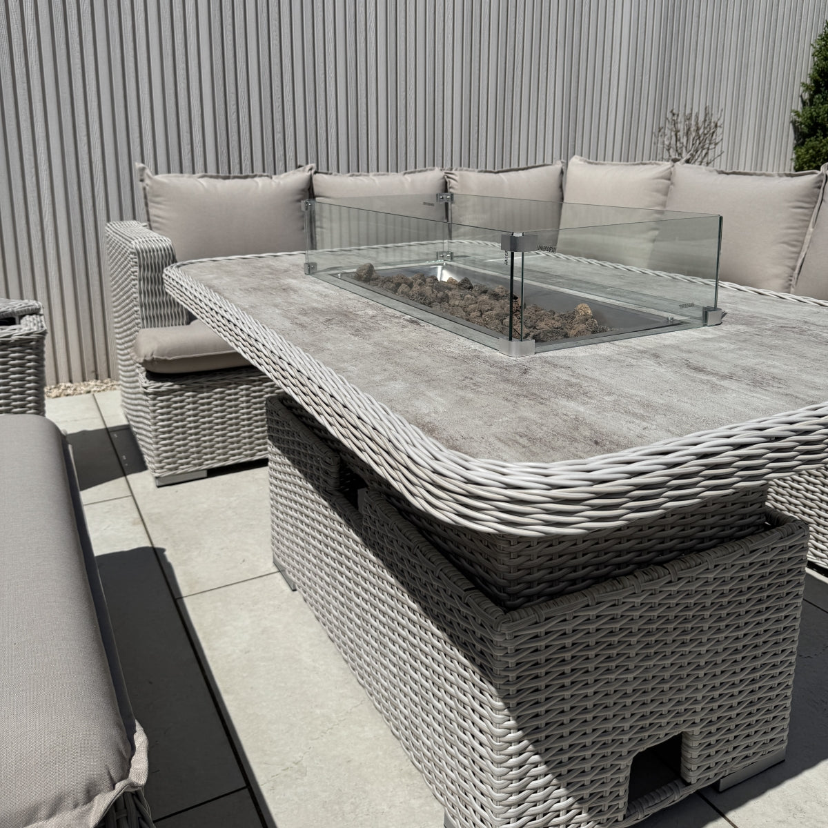 Asha Corner Rising Fire Pit Dining Set - Grey/Beige