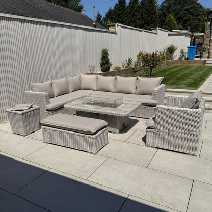 Asha Corner Rising Fire Pit Dining Set - Grey/Beige