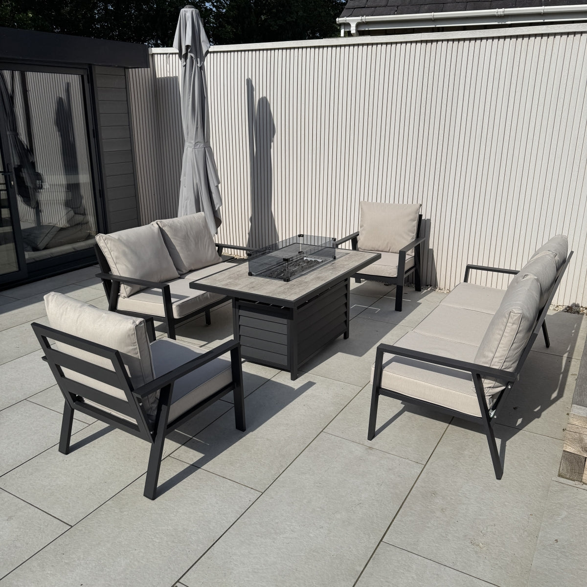 Sienna Aluminium Sofa Dining Set with Fire Pit – Beige