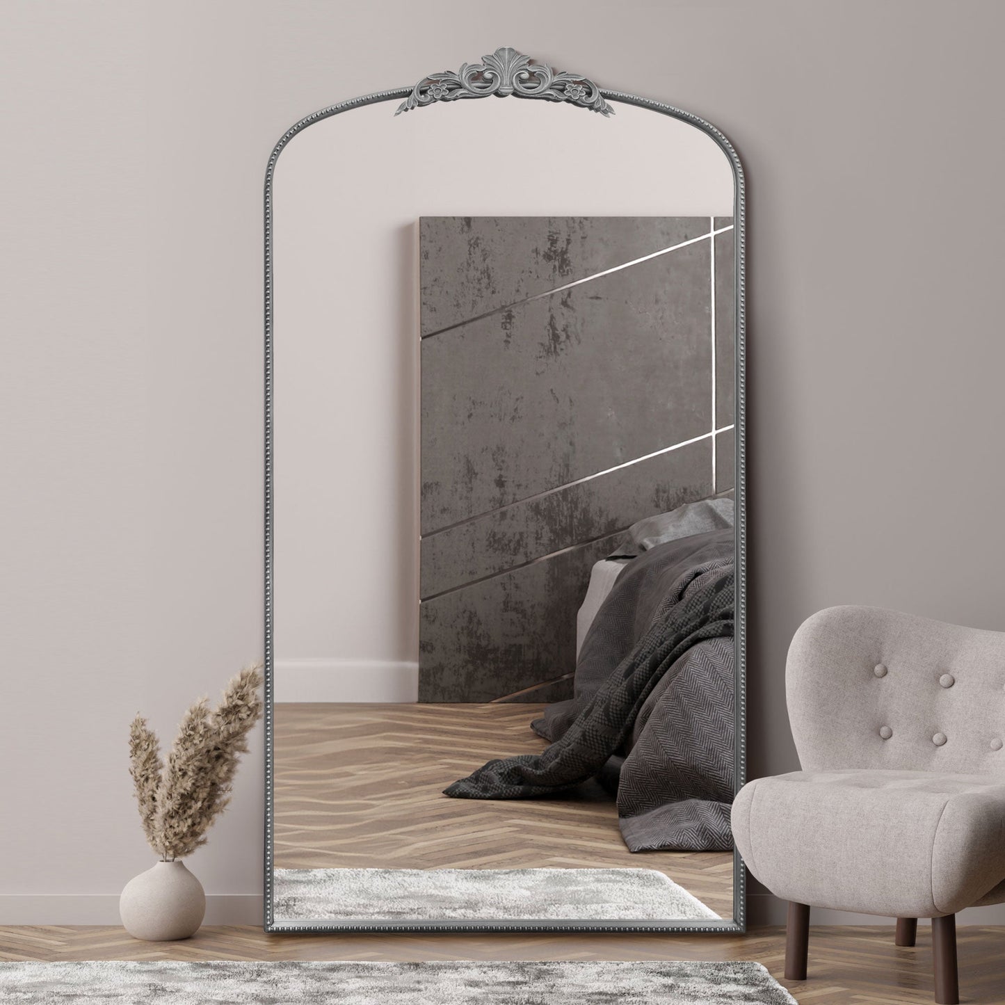 The Timo - Silver Metal Framed Arched Wall Mirror with Decorative Timo 68 X 38 (174CM X 96CM)