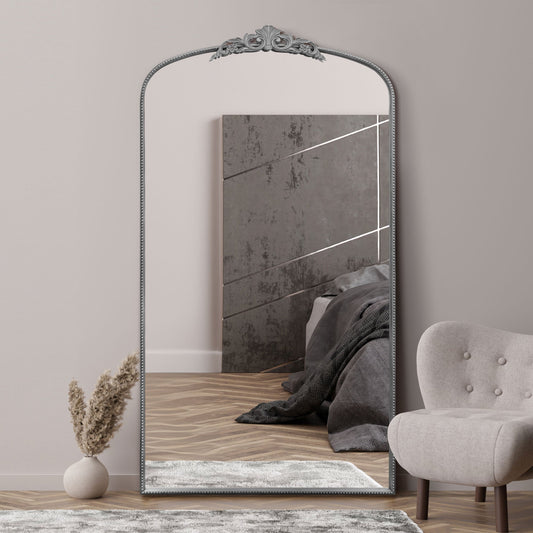 The Timo - Silver Metal Framed Arched Wall Mirror with Decorative Timo 68 X 38 (174CM X 96CM)