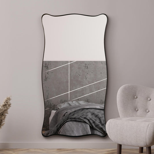 The Hunter - New Black Metal Rectangular Wavy Tray Effect Frame Wall Mirror 71 X 39 (180CM X 100CM).