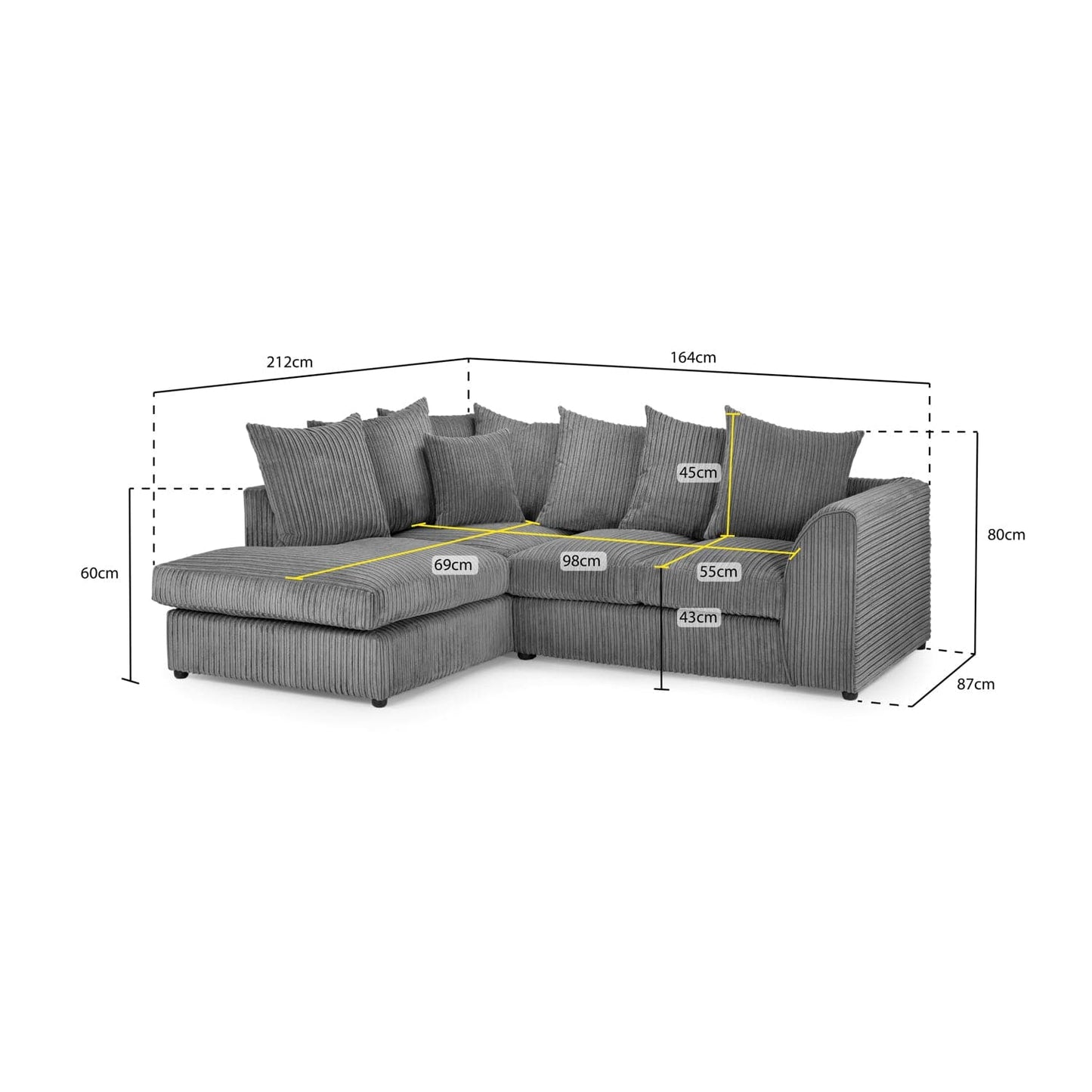 Oxford Left Hand Facing Corner Sofa in Grey Jumbo Cord