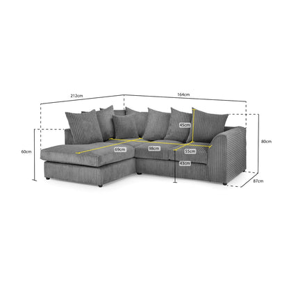Oxford Left Hand Facing Corner Sofa in Grey Jumbo Cord