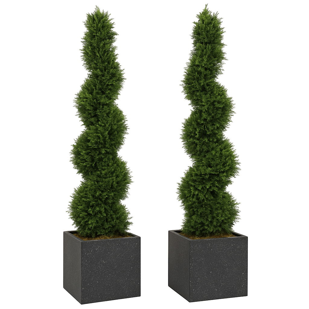 Pair of Artificial Spiral Topiary Trees – UV Resistant, Weatherproof Outdoor & Indoor Decor
