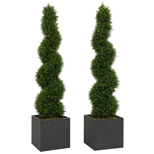 Pair of Artificial Spiral Topiary Trees – UV Resistant, Weatherproof Outdoor & Indoor Decor