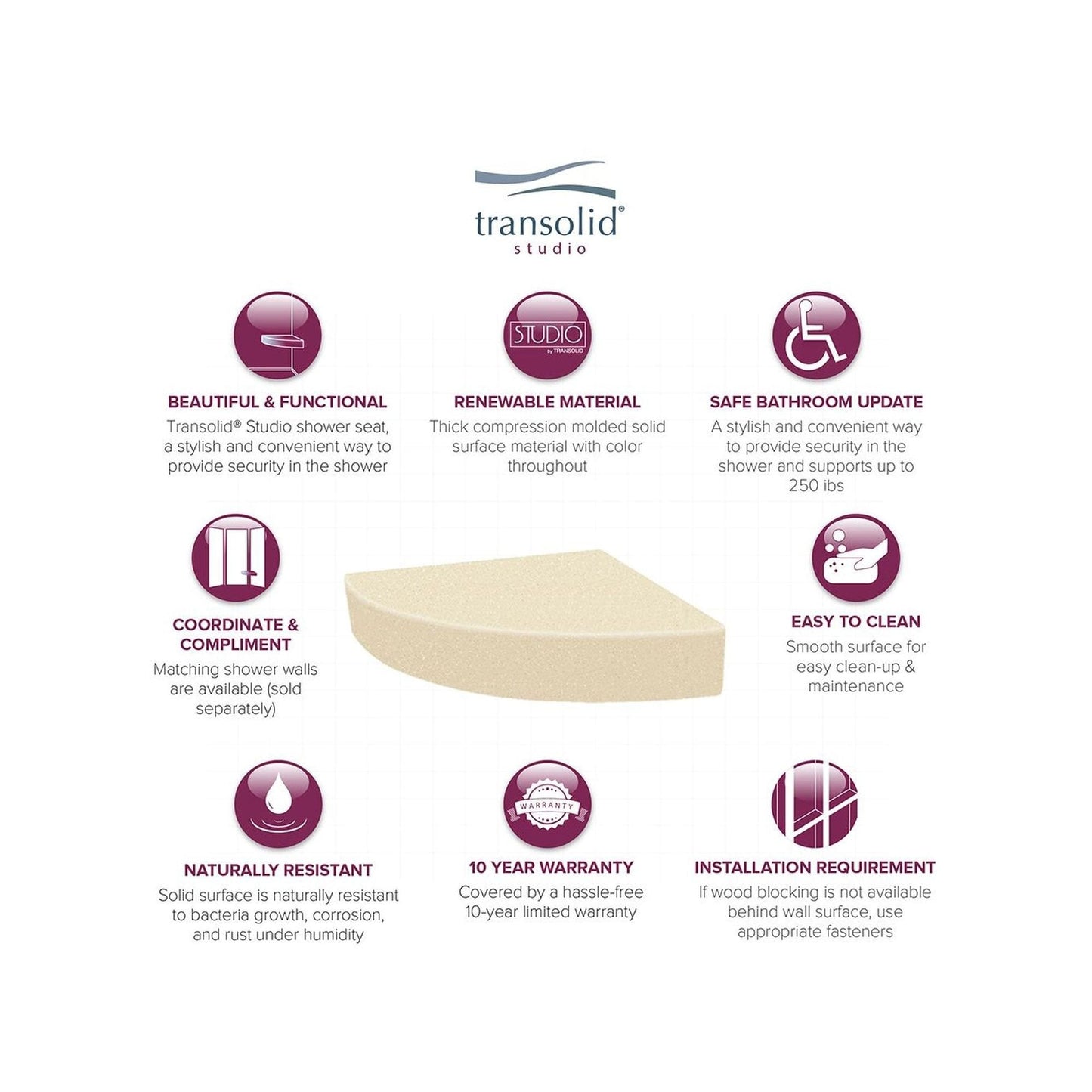 Transolid Studio 14-In X 14-In Solid Surface Wall-Mount Corner Shower Seat - 14.5 x 14.25 x 3