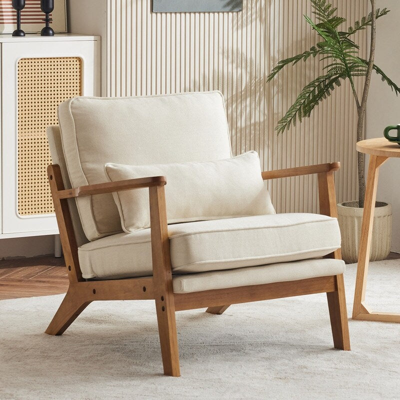 Upholstered Linen Blend Accent Chair with Wooden Legs and One Pillow Beige