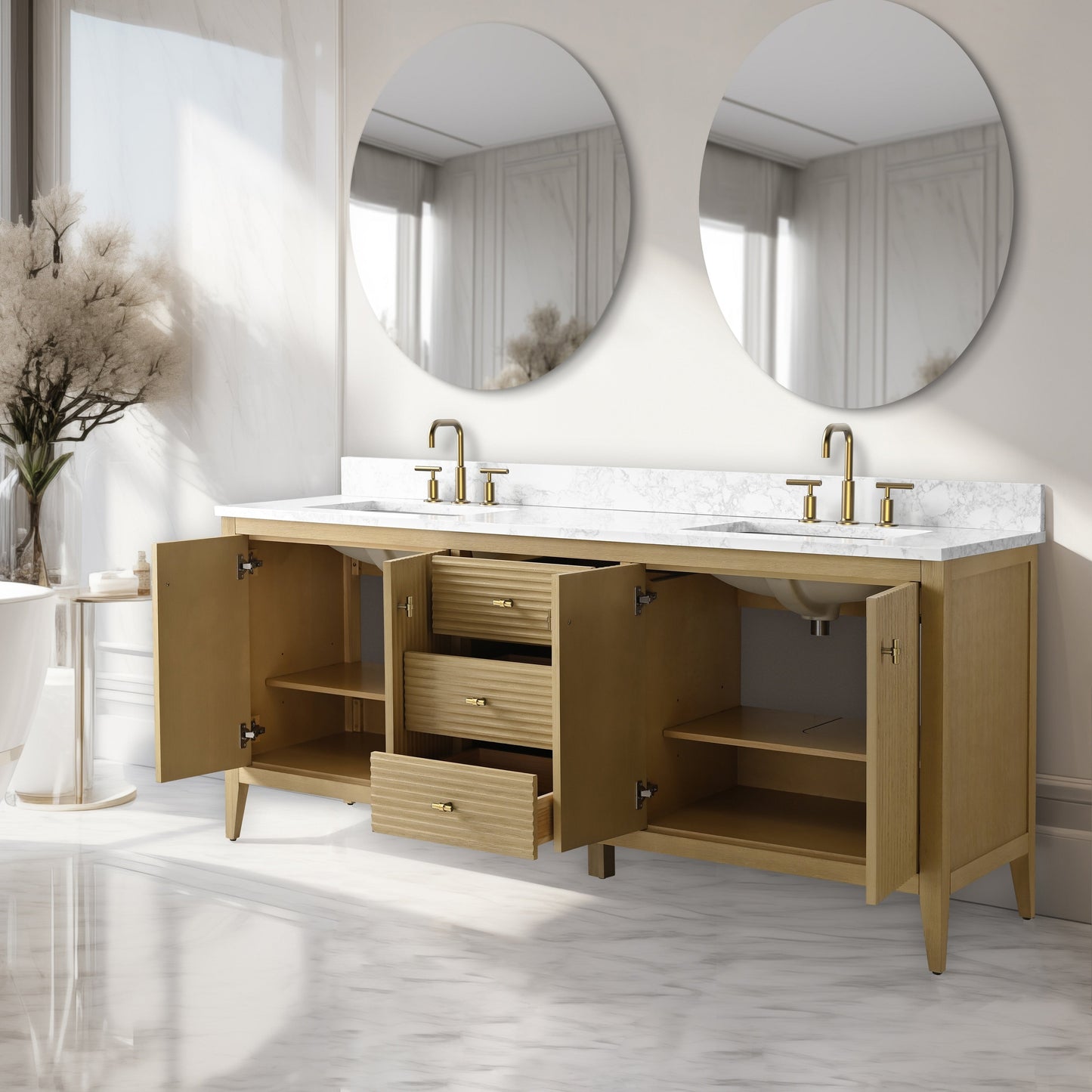 Vanity Art 72 Double Sink Bathroom Vanity Cabinet with Engineered Marble Top