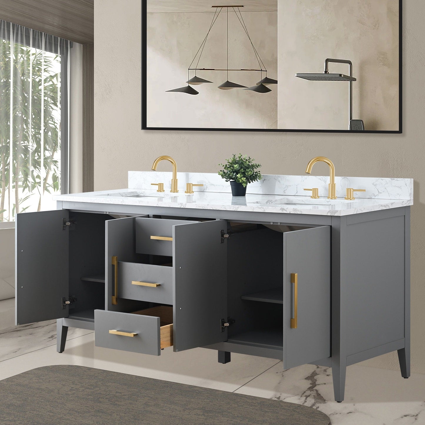 Vanity Art 72 Double Sink Bathroom Vanity Cabinet with Engineered Marble Top
