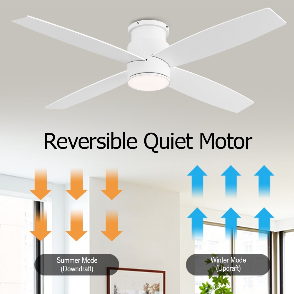 WINGBO 44/52 Inch Flush Mount DC Ceiling Fan with Lights and Remote, 4 Reversible Blades
