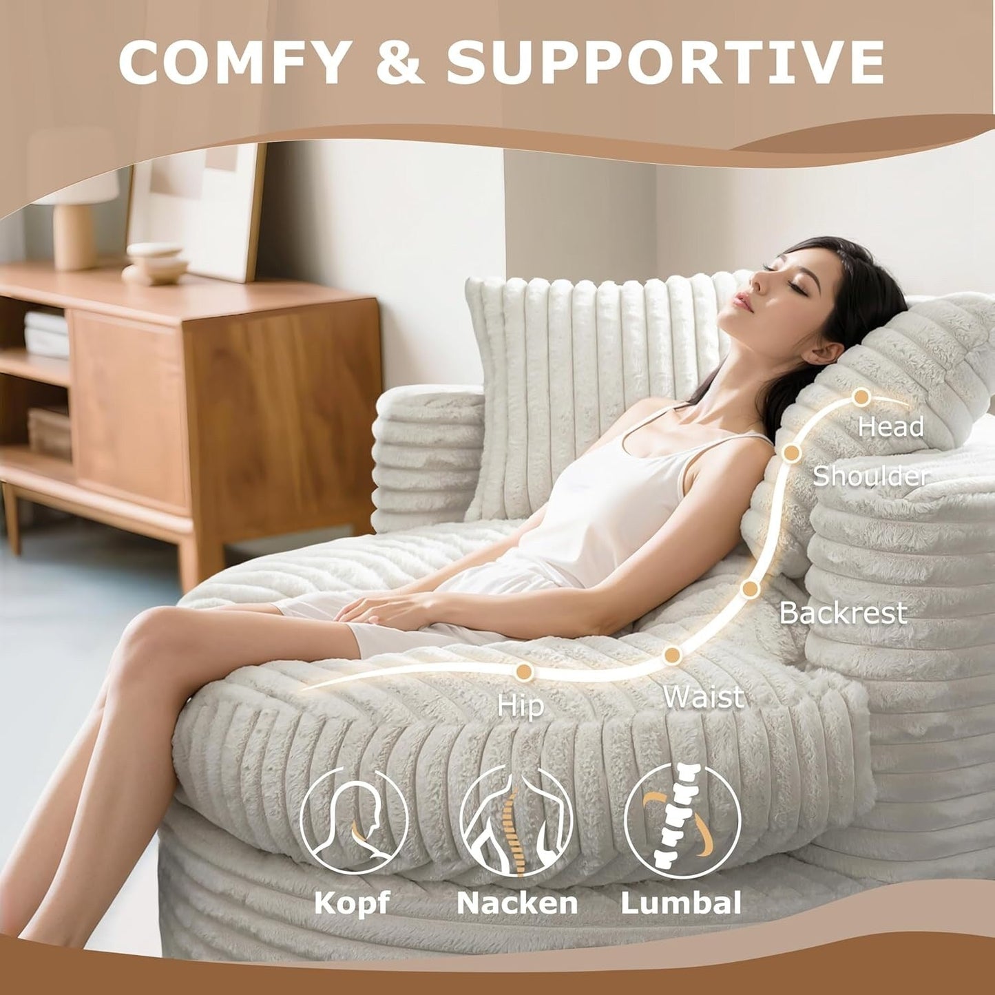 WOWMAX 47 Round Chaise Lounge Chair Indoor, Upholstered Corduroy Floor Sofa Oversized Sleeper Chair with 2 Throw Pillows