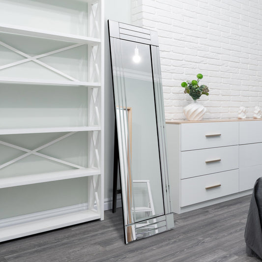 Lacey All Glass Bevelled Square Corner Cheval Free Standing Mirror 5Ft X 1Ft3 (150 X 40cm)