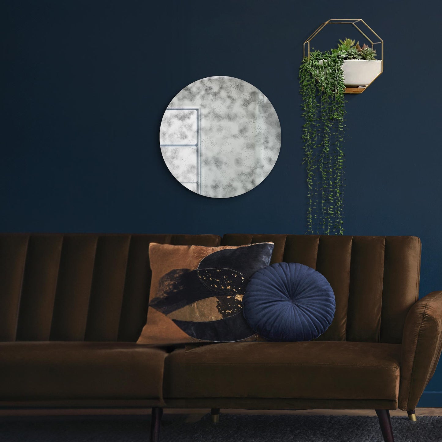 The Myles - Round Circular Antiqued Mirror with Polished Edge on Black Backing 24 X 24 (60x60CM). Premium Distressed Mirror Glass Ready to Wall Hang