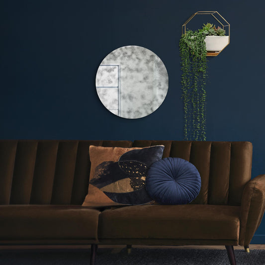 The Myles - Round Circular Antiqued Mirror with Polished Edge on Black Backing 24 X 24 (60x60CM). Premium Distressed Mirror Glass Ready to Wall Hang