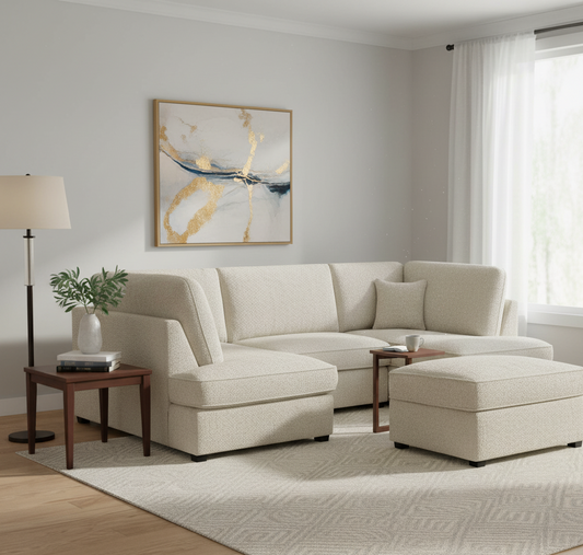 Camden U-Shape Corner Sofa with Footstool – Beige Boucle